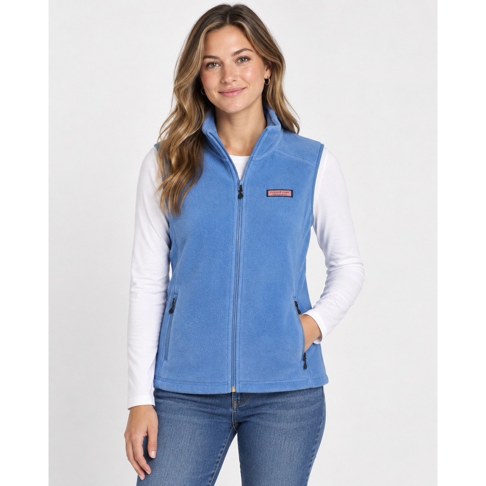 Vineyard Vines Womens Medium Blue Fleece Full Zip Vest Style 200067 Whale Preppy